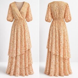Floral Maxi Dress Wrap Bodice Semi Sheer Orange Sz M Tiered Fairycore Cottage